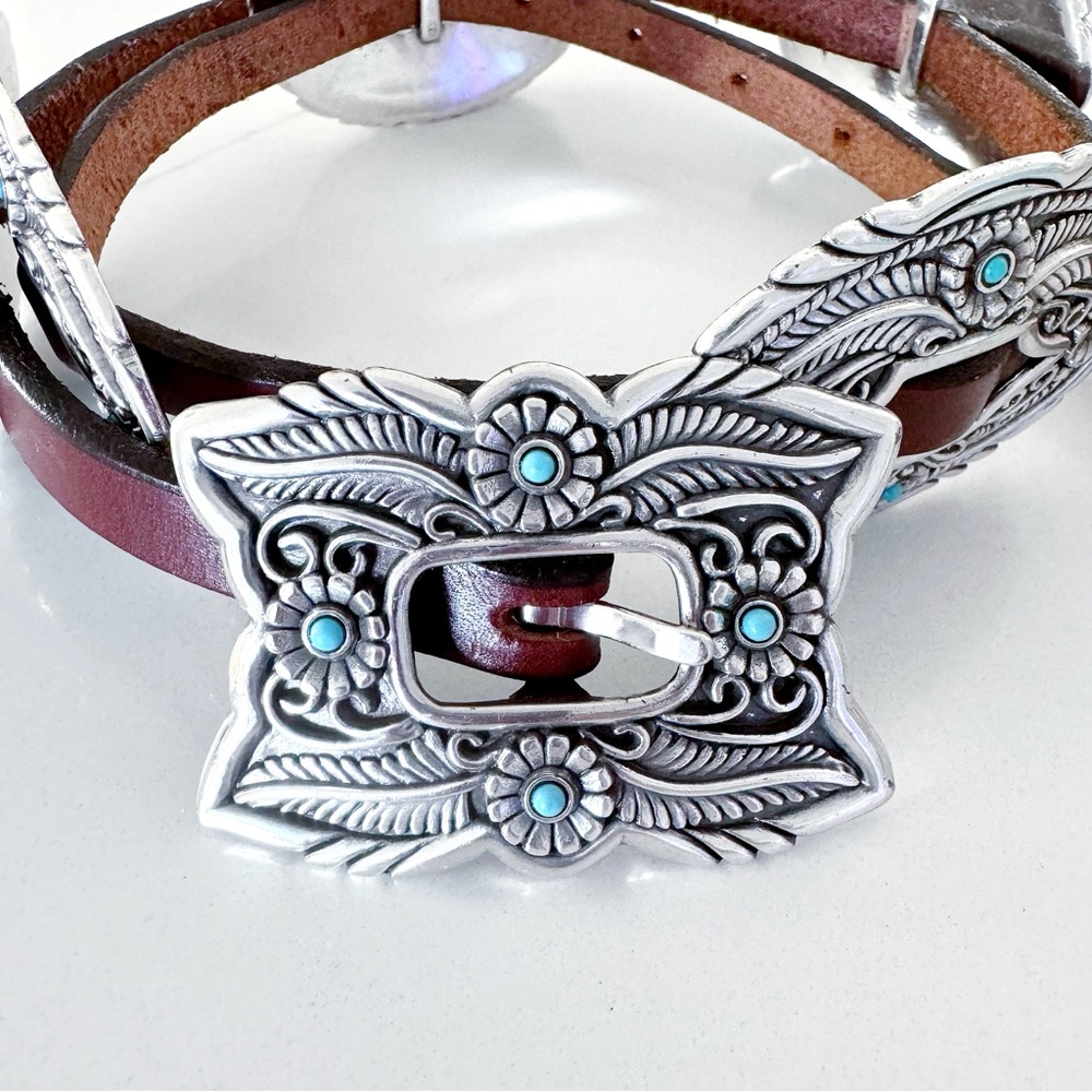 🤩 Justin Women’s Floral Cowboy 7 Concho Genuine Leather Belt With Turquo… - Picture 4 of 10